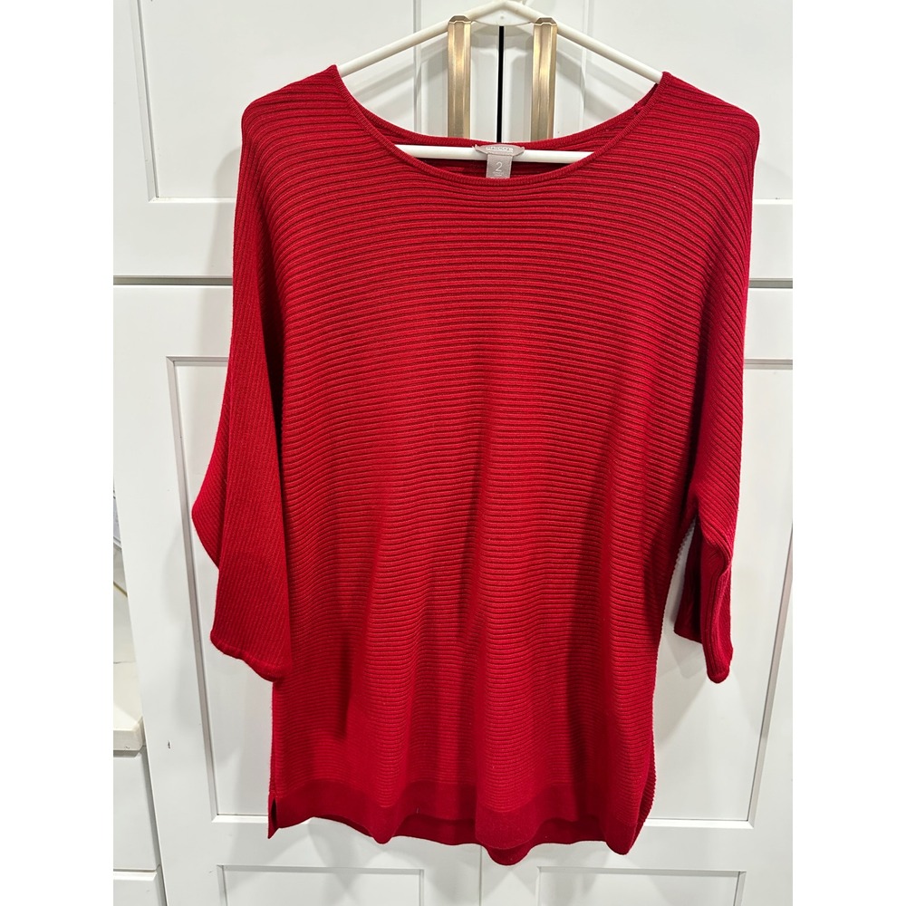 Chico's Red Ribbed‎ Knit Dolman Sleeve Boat Neck Pullover Sweater Top